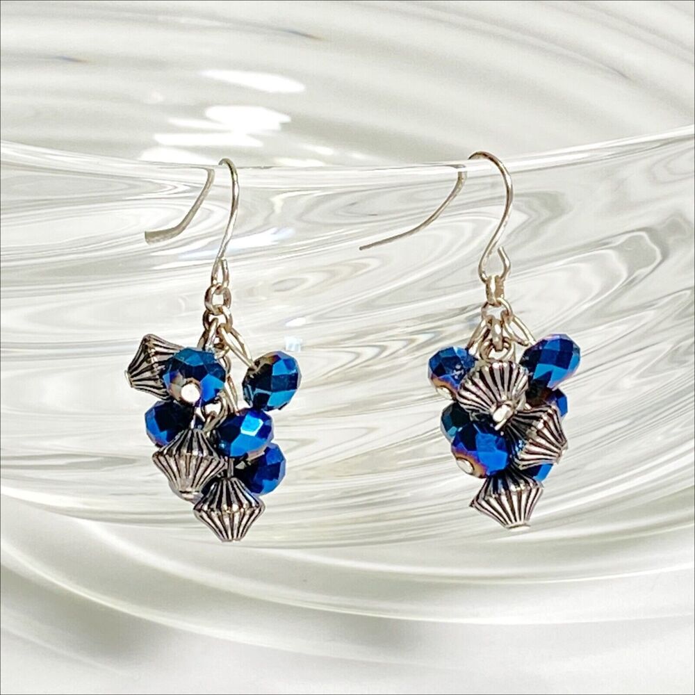 Beaded Pierced Earrings Metallic Blue Crystal Cluster Faceted Dangle Silver Tone